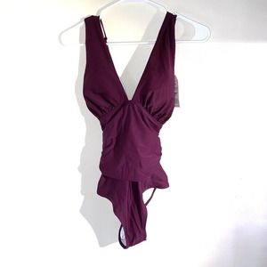 NWT You Di An One Piece Swimsuit Wine X-Back M Medium Plunging Neck Burgundy